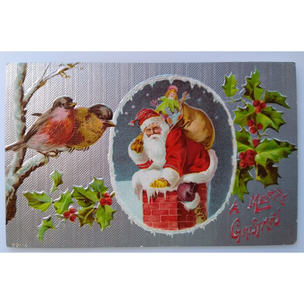 Santa Claus Christmas Postcard Saint Nick Chimney Top Robins Songbirds Embossed